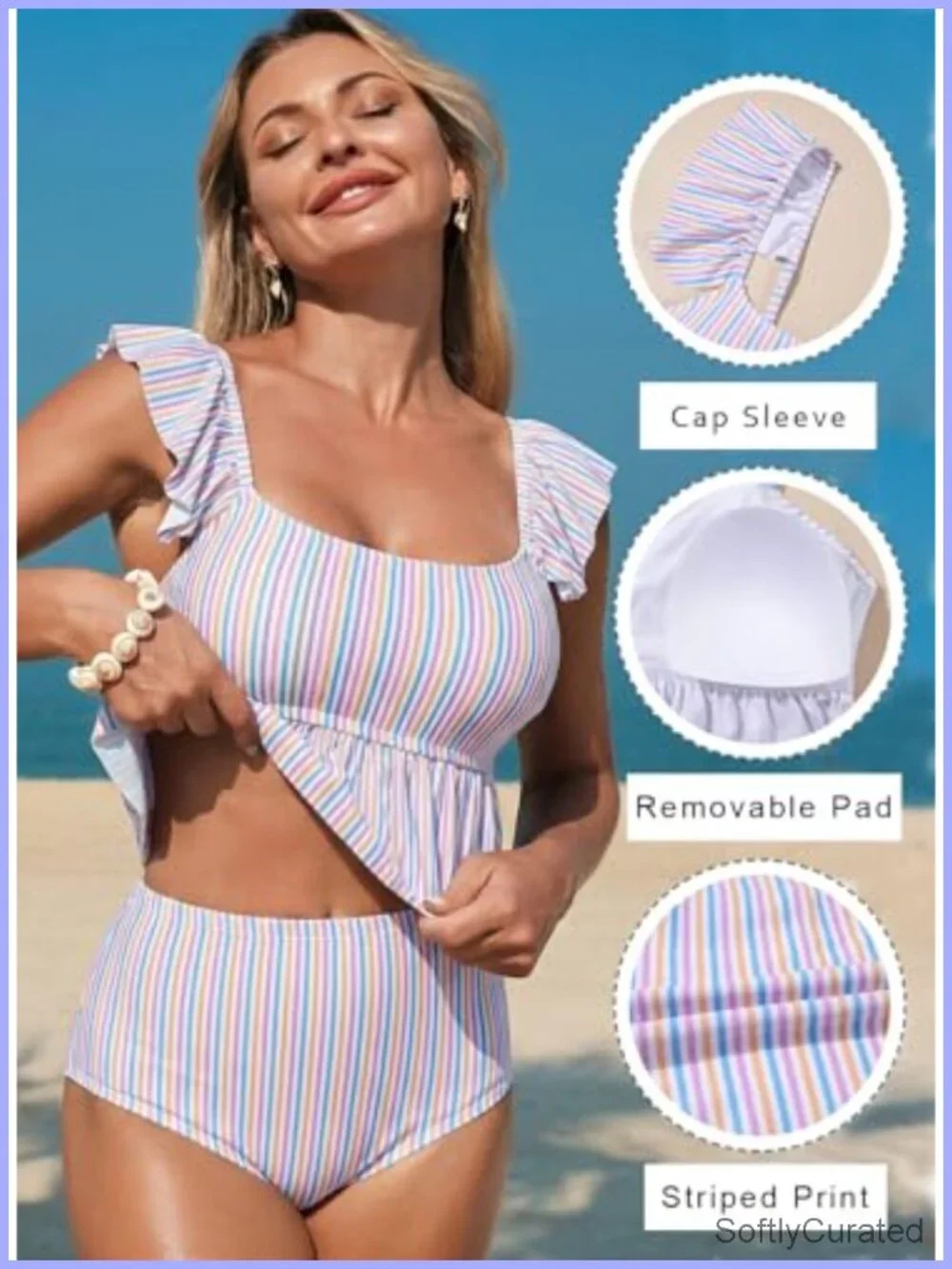 Two Piece Tankini Swimsuits Square Neck Ruffle Cap Sleeve Bathing Suit